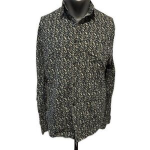 express mens floral long sleeve button down black ivory blue floral shirt Xl